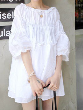 2013夏新款韩国小清新别致压皱一字领宽松大码娃娃衫女连衣裙