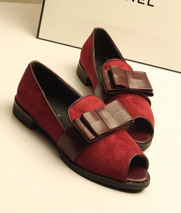  夏款英伦复古风简约蝴蝶结鱼嘴鞋低跟绒面凉鞋平跟鞋时尚女鞋