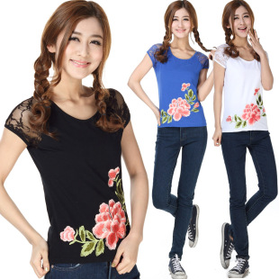  裂帛新款夏装 女装蕾丝拼接民族风 修身刺绣花朵 短袖T恤 女