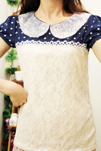  夏季新款韩版甜美学院风娃娃领蕾丝拼接棉质蕾丝衫t恤 女
