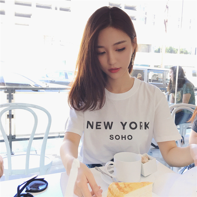 2018新款韩版字母印花白色短袖t恤女中长款宽松学生百搭显瘦上衣