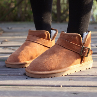  正品冬季新款情侣牛皮雪地靴 男女短靴 5859低筒靴搭扣牛筋底靴子