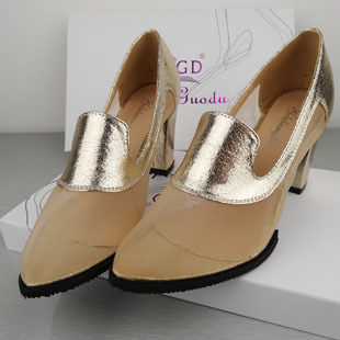  新款英伦性感尖头网纱拼接高跟粗跟单鞋女鞋子低帮鞋金色银色