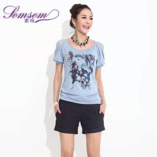  SOM索玛夏装新款时尚蕾丝拼接镂空泡泡袖印花T恤女 321P0586