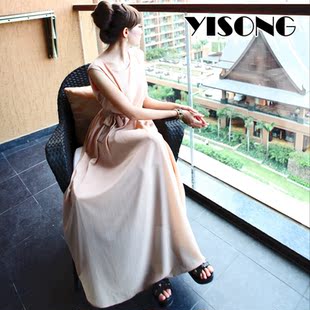  YS 韩版夏季新款裸色圆领配腰带显瘦雪纺连衣裙 波西米亚背心长裙