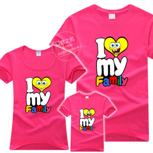  全家装夏装新款韩母女装海绵宝宝亲子装T恤纯棉短袖U领圆领