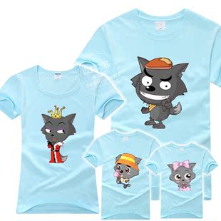  聚灰太狼亲子装短袖全家装纯棉春装韩版情侣父子装度假服夏装T恤