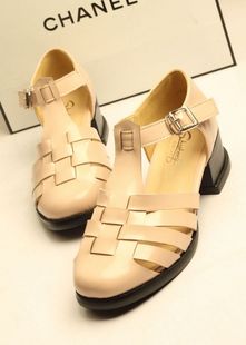  英伦复古韩国范儿 学院风森女鞋 编织面圆头粗跟鞋T型扣带女凉鞋