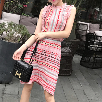 针织连衣裙女夏装2018新款韩版小香风气质显瘦无袖粉色pphome裙子