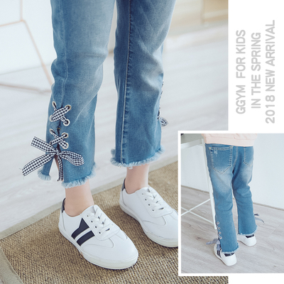 杨梅自营2018春秋新款女童牛仔裤宝宝松紧腰时尚喇叭裤九分裤包邮