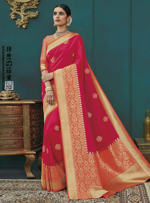 印度之印象 粉红色民族风提花 丝质纱丽 印度传统裹的