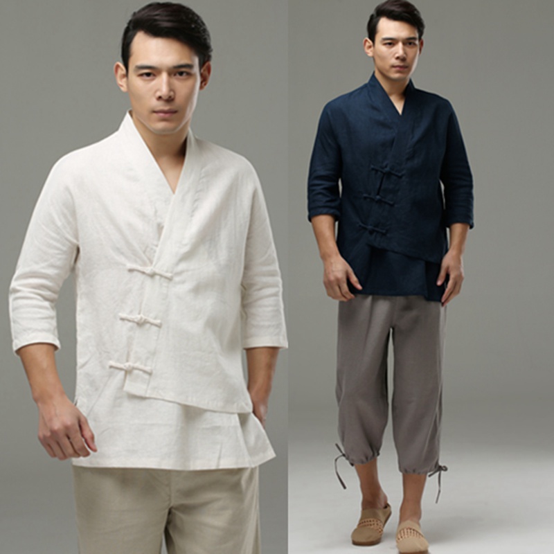Chinese style Flax Surplice Tang costume Three Quarter Sleeve men's wear frog Retro Chinese style meditation Upasaka Hanfuin the Men's clothing, National costume category - from Buy2taobao.com to provide professional Taobao agent buy service