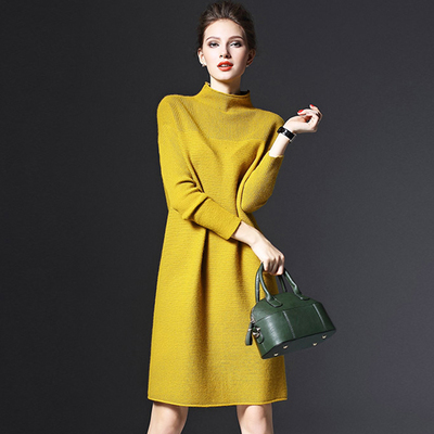 2017秋冬装新款简约长袖宽松打底裙显瘦内搭冬裙针织连衣裙中长款