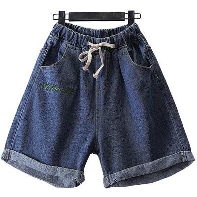 姐弟故事2019夏季新款宽松卷边牛仔短裤女高腰刺绣阔腿裤113