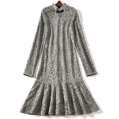 姐弟故事2018春装新款立领拼接长袖蕾丝打底连衣裙女6007