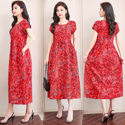 夏季2019新款女装中长款显瘦连衣裙时尚短袖宽松版大码棉麻连衣裙