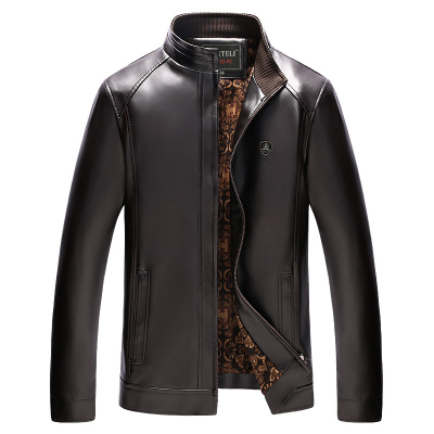 A克秋季新款海宁男士皮衣加绒加厚外套中年皮夹克机车皮衣爸爸装