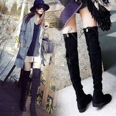 5050显瘦腿过膝长靴平底长筒高筒马靴女弹力小辣椒加绒棉靴子冬季