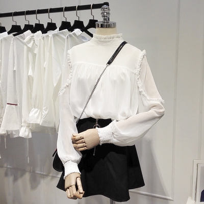 木耳边立领雪纺衬衫女长袖2019秋装新款韩范上衣灯笼袖白色衬衣