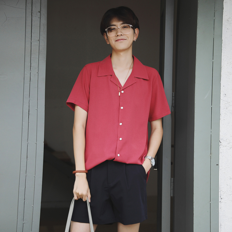 夏季文艺复古冰丝垂感西装领衬衫男士宽松洋气ins翻领短袖衬衣潮在类目 男装, 衬衫中 - 来自Buy2taobao.com提供专业的淘宝代购服务