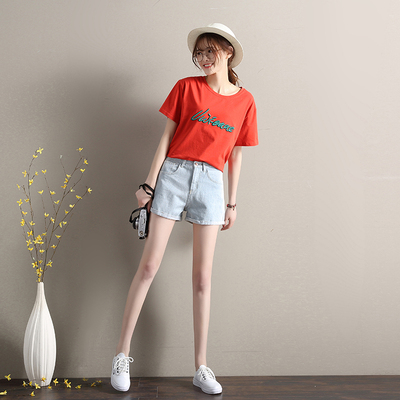 夏高腰牛仔春季短裤女装套装2018新款时尚学生阔腿洋气t恤两件套