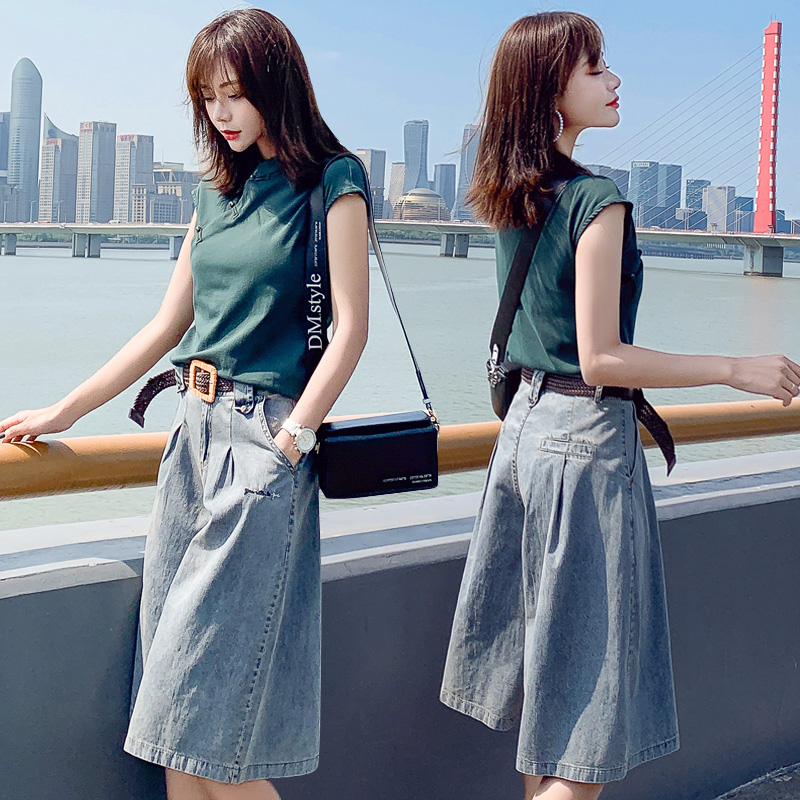 Jeans suit 2019 summer new pattern Broad leg full marks shorts knitting T-shirt Sleeveless Two piece setin the Women's clothing/Boutique , Set/Student uniforms/Work uniforms , Fashion Set category - from Buy2taobao.com to provide professional Taobao agent buy service