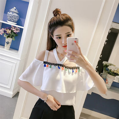 甜美雪纺衫夏季2018新款荷叶边流苏小吊带一字肩露肩chic上衣超仙