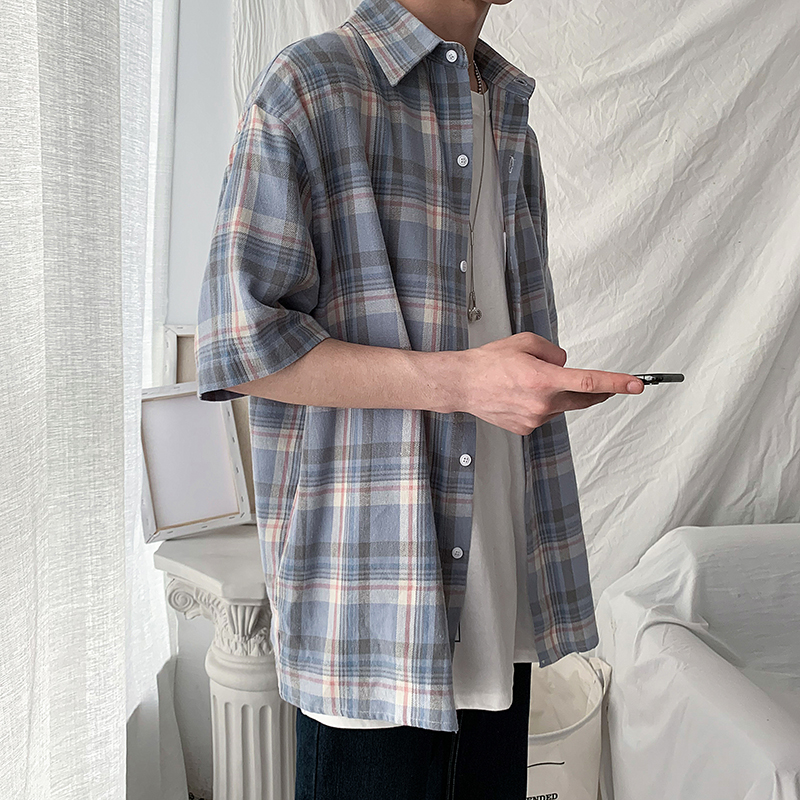 格子襯衫男夏天韓版薄款短袖襯衣港風帥氣休閑ins寬松很仙的開衫在類目 男裝, 襯衫中 - 來自Buy2taobao.com提供專業的淘寶代購服務