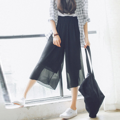 雪纺阔腿裤女夏2018新款纯色高腰chic垂感原宿九分薄款宽松休闲裤