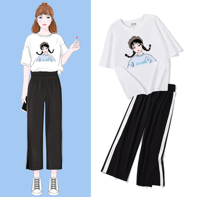 学生套装女2019新款夏韩版洋气学院风运动休闲小个子阔腿裤两件套