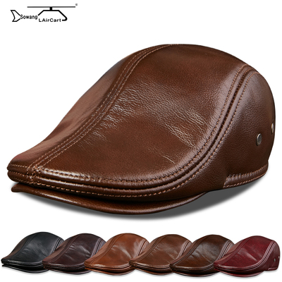 2019时尚鸭舌帽男春秋季头层牛皮贝雷帽真皮中老年护耳前进帽子