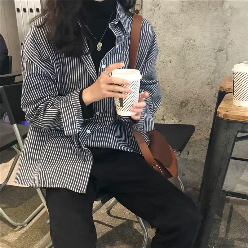 宽松百搭磨毛长袖条纹衬衫女春装2019新款韩版复古中长款上衣学生|msdalam kategori Butik wanita / wanita, shirt - dari Buy2taobao.com untuk memberikan perkhidmatan ejen Taobao profesional membeli