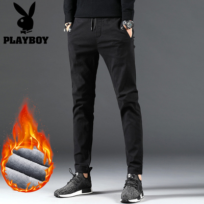 花花公子秋冬男士加绒休闲裤纯色修身小脚裤男冬季弹力青年男裤子