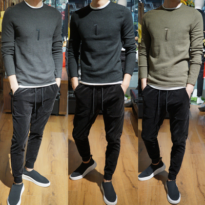 男士毛线上衣套头针织衫2017秋冬冬季新款假两件休闲青年学生潮流