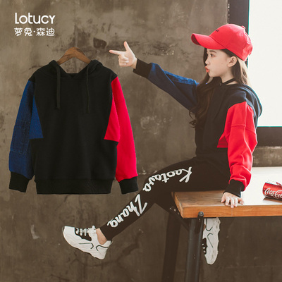 女童秋装2019新款洋气宽松卫衣儿童装春秋女大童拼接连帽长袖上衣