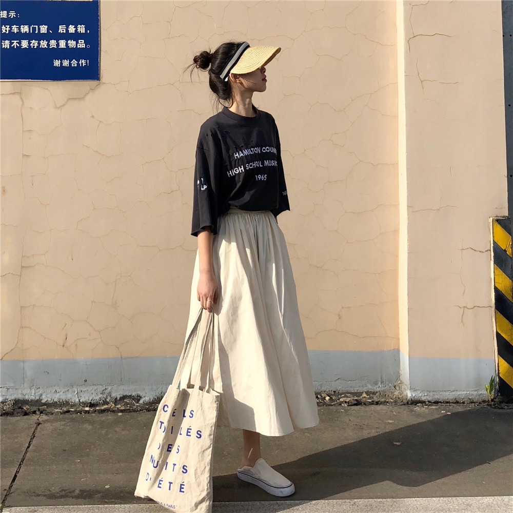 19韩版夏季复古百搭中长款松紧高腰纯色半身裙女学生A字裙蓬蓬裙在类目 女装/女士精品, 半身裙中 - 来自Buy2taobao.com提供专业的淘宝代购服务