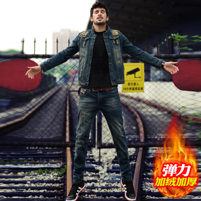 冬季牛仔裤男士加绒加厚秋冬款弹力宽松修身直筒小脚带绒保暖裤子