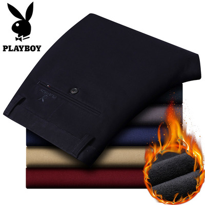 花花公子休闲裤男直筒弹力冬季加厚加绒裤子中青年微修身西裤男装