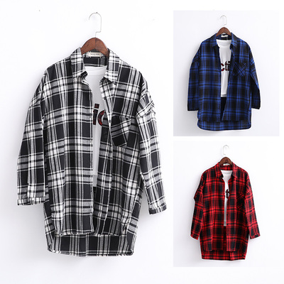 韩版BF风时尚长袖小格子衬衫女春装新款学生简约休闲宽松衬衣外套