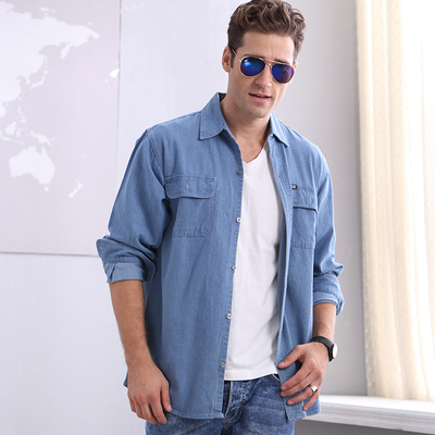 2017春秋装男款大码长袖牛仔外套衬衫薄款休闲中年男士纯棉牛仔衣
