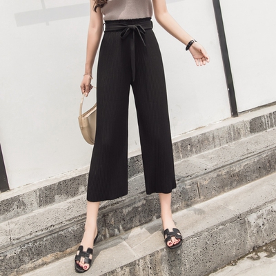 ins 春夏季新款时尚百搭高腰雪纺百褶阔腿裤女宽松显瘦学生休闲裤