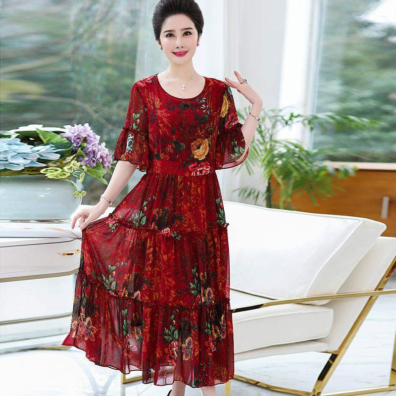 妈妈夏季短袖裙子2019新款中老年女装中年女士气质过膝连衣裙大码在类目 女装/女士精品, 中老年女装中 - 来自Buy2taobao.com提供专业的淘宝代购服务