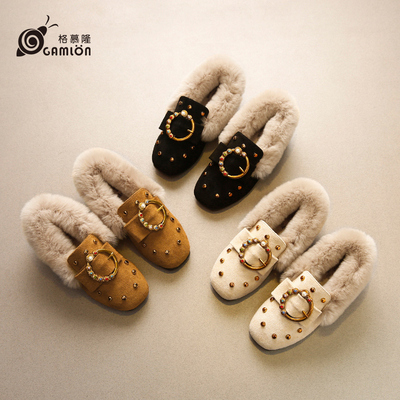 儿童皮鞋女童毛毛鞋秋冬2018新款韩版软底单鞋小公主鞋加绒豆豆鞋