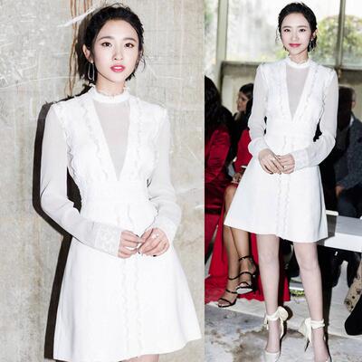 春季新款唐艺昕同款小个子裙白色木耳边长袖网纱性感中长款连衣裙