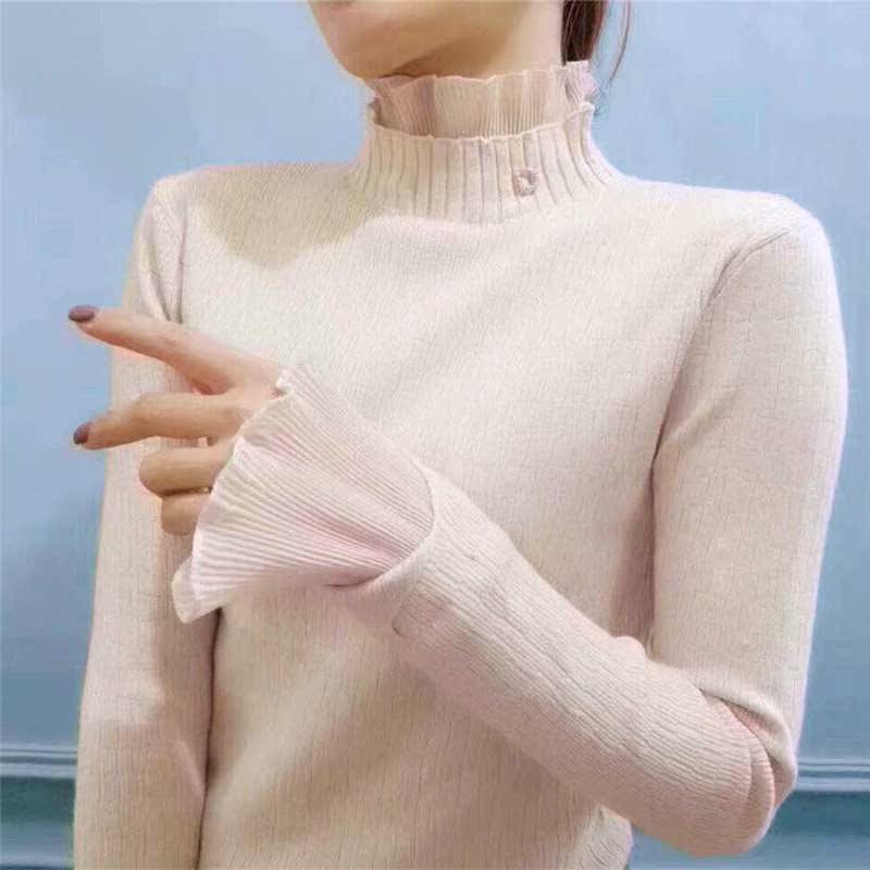 高领蕾丝花边套头毛衣针织衫女毛衣薄款修身短款荷叶喇叭袖木耳边|ruв категории Женская одежда, свитер - от Buy2taobao.com для оказания профессиональной услуги покупки агента Taobao