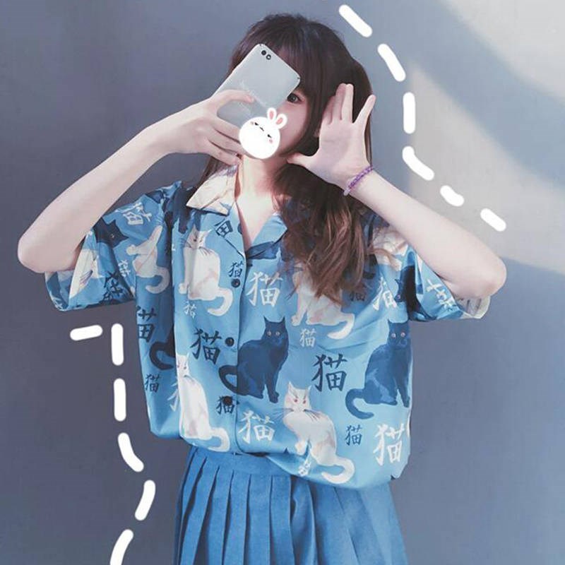 春夏2019新款女韩版宽松短袖复古学院风印花长袖女学生衬衫上衣潮|ruв категории Женская одежда, рубашка - от Buy2taobao.com для оказания профессиональной услуги покупки агента Taobao