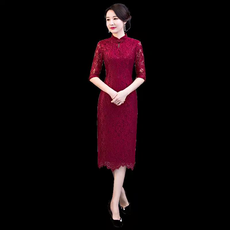 Autumn and winter new pattern wedding Improvement Long sleeve Mom outfit Lace mother-in-law Wedding Mid length version cheongsam Dressin the Women's clothing/Boutique , Wedding/Cheongsam/Formal dress , Cheongsam category - from Buy2taobao.com to provide professional Taobao agent buy service