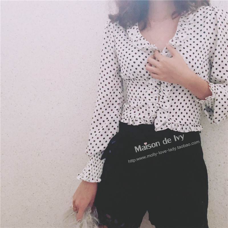 18早秋新品~法式波点木耳边复古收腰V领小纽扣气质衬衫|msdalam kategori Butik wanita / wanita, baju lace/baju chiffon - dari Buy2taobao.com untuk memberikan perkhidmatan ejen Taobao profesional membeli