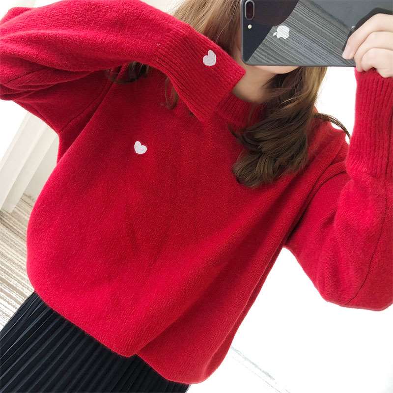 爱心毛衣女白色宽松圆领套头打底衫秋冬百搭甜美刺绣慵懒风针织衫在类目 女装/女士精品, 毛衣中 - 来自Buy2taobao.com提供专业的淘宝代购服务
