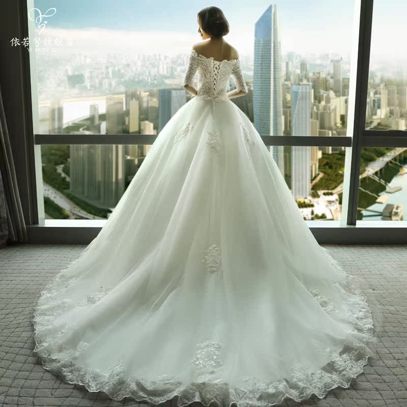 新娘婚纱礼服2019新款中袖一字肩公主宫廷长拖尾大码显瘦齐地结婚在类目 女装/女士精品, 婚纱/旗袍/礼服, 婚纱中 - 来自Buy2taobao.com提供专业的淘宝代购服务